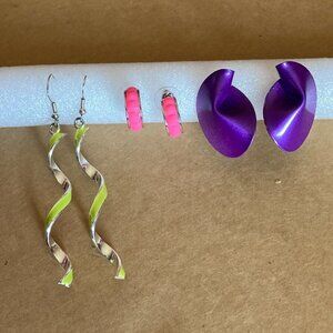 Women's lime green dangle, hoop hot pink, disc purple earrings Vintage 80's